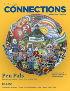 Spring 2019 cover of Shannex Connections magazine showcasing a creative art piece highlighting residents around a Shannex gazebo enjoying music and the company of others while outdoors