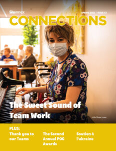 Spring 2022 cover of Shannex Connections magazine with Julia Shvartzman, playing the piano for residents and team members