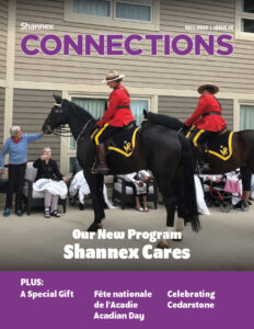 Fall 2022 cover of Shannex Connections magazine with residents interacting with Royal Canadian Mounted Police and their horses