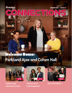 Winter 2023 cover of Shannex Connections magazine with two residents sitting down while a team member stands in between them all smiling